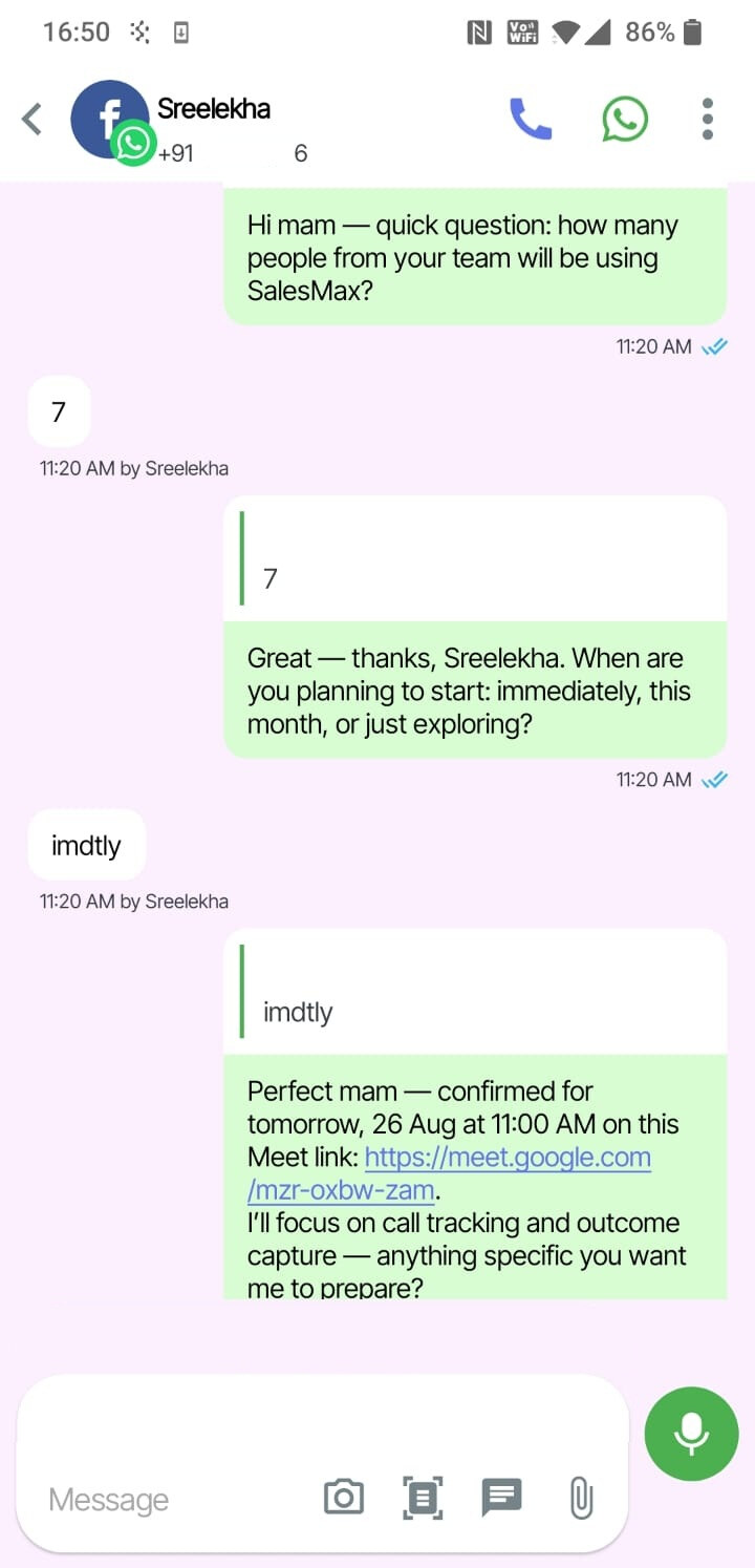 SalesMax AI WhatsApp assistant qualifying a lead and scheduling a meeting with a Google Meet link