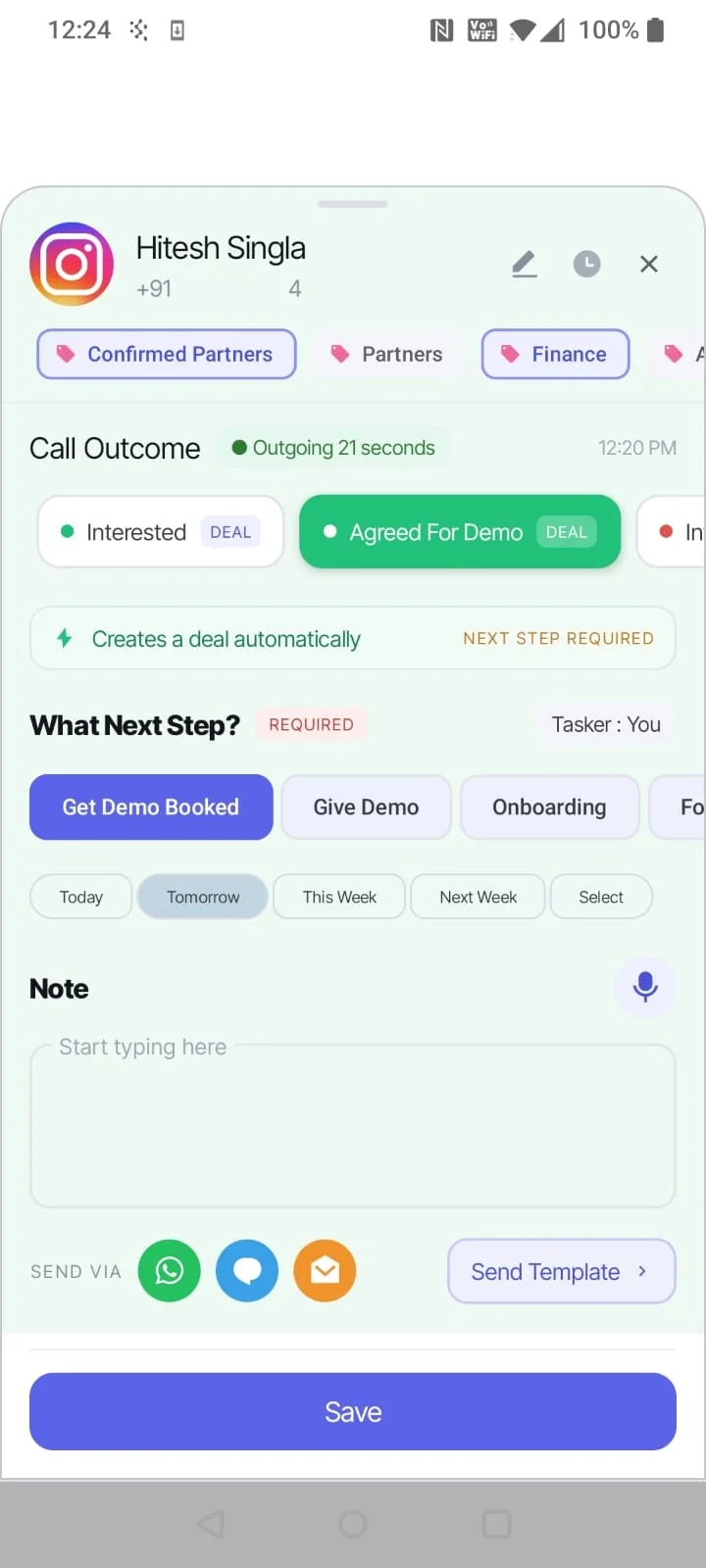 SalesMax call outcome screen with disposition, deal movement, next action, and notes