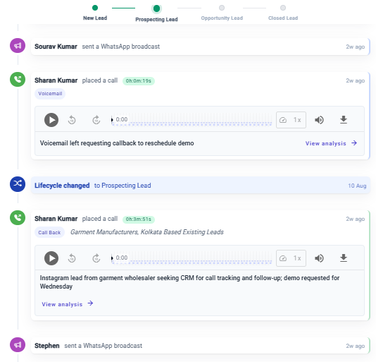 SalesMax customer activity timeline with WhatsApp messages, calls, recordings, and lifecycle changes