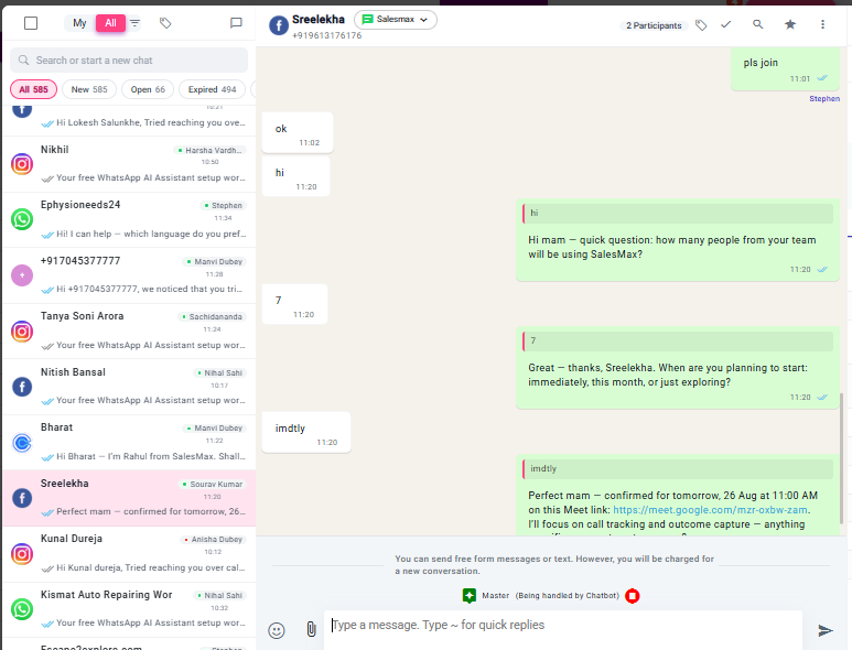 SalesMax shared inbox showing conversations, assigned owners, WhatsApp messages, and AI chatbot hand-off